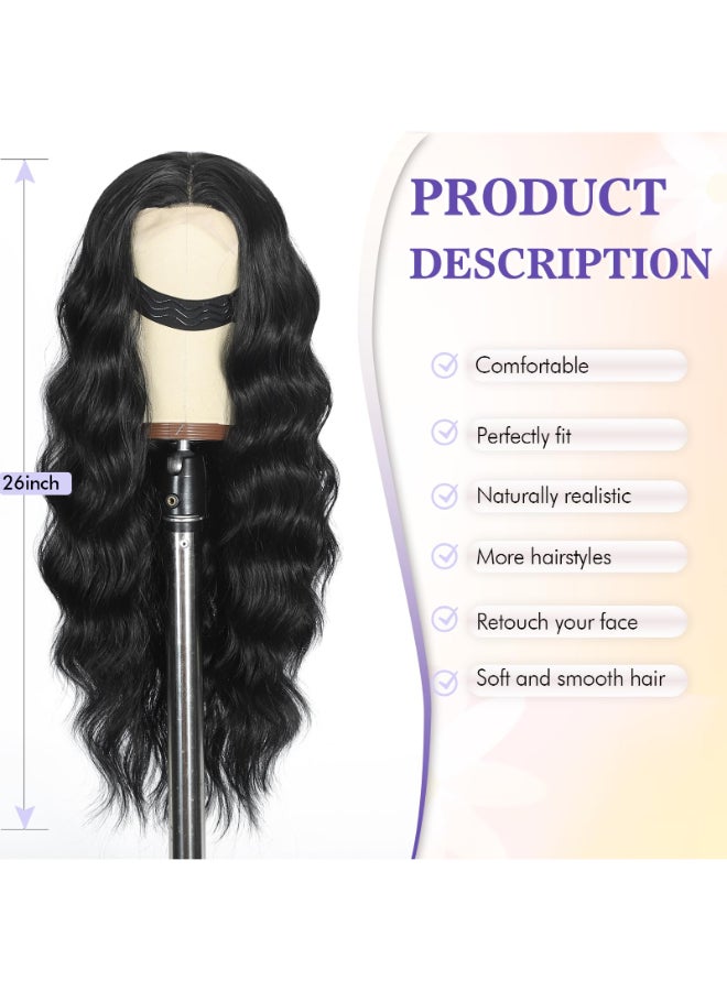 SCENTW Black Wig for Women HandTied Lace Synthetic Lace Front Wig Long Wavy with 4x1 Lace Natural Hairline Middle Part Synthetic wig for Daily Party Beginners - Image 4