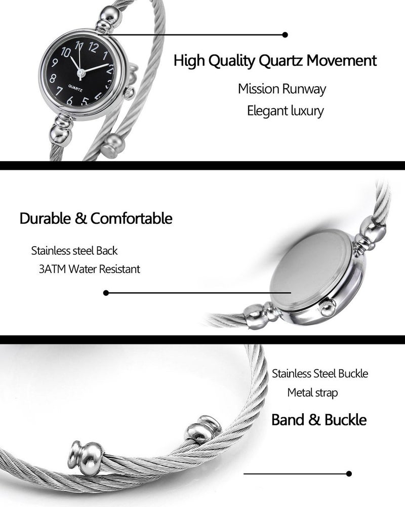 Top Plaza Womens Fashion Silver Tone Analog Quartz Bangle Cuff Bracelet Wrist Watch, Unique Elegant Stainless Steel Wire Band, Arabic Numerals - White - Image 5