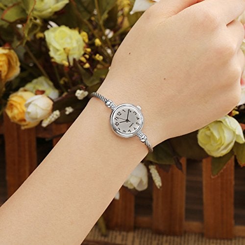 Top Plaza Womens Fashion Silver Tone Analog Quartz Bangle Cuff Bracelet Wrist Watch, Unique Elegant Stainless Steel Wire Band, Arabic Numerals - White - Image 2