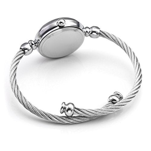 Top Plaza Womens Fashion Silver Tone Analog Quartz Bangle Cuff Bracelet Wrist Watch, Unique Elegant Stainless Steel Wire Band, Arabic Numerals - White - Image 3