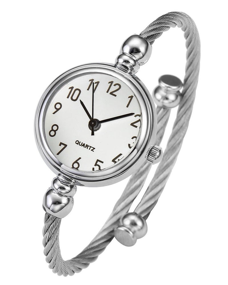 Top Plaza Womens Fashion Silver Tone Analog Quartz Bangle Cuff Bracelet Wrist Watch, Unique Elegant Stainless Steel Wire Band, Arabic Numerals - White - Image 1