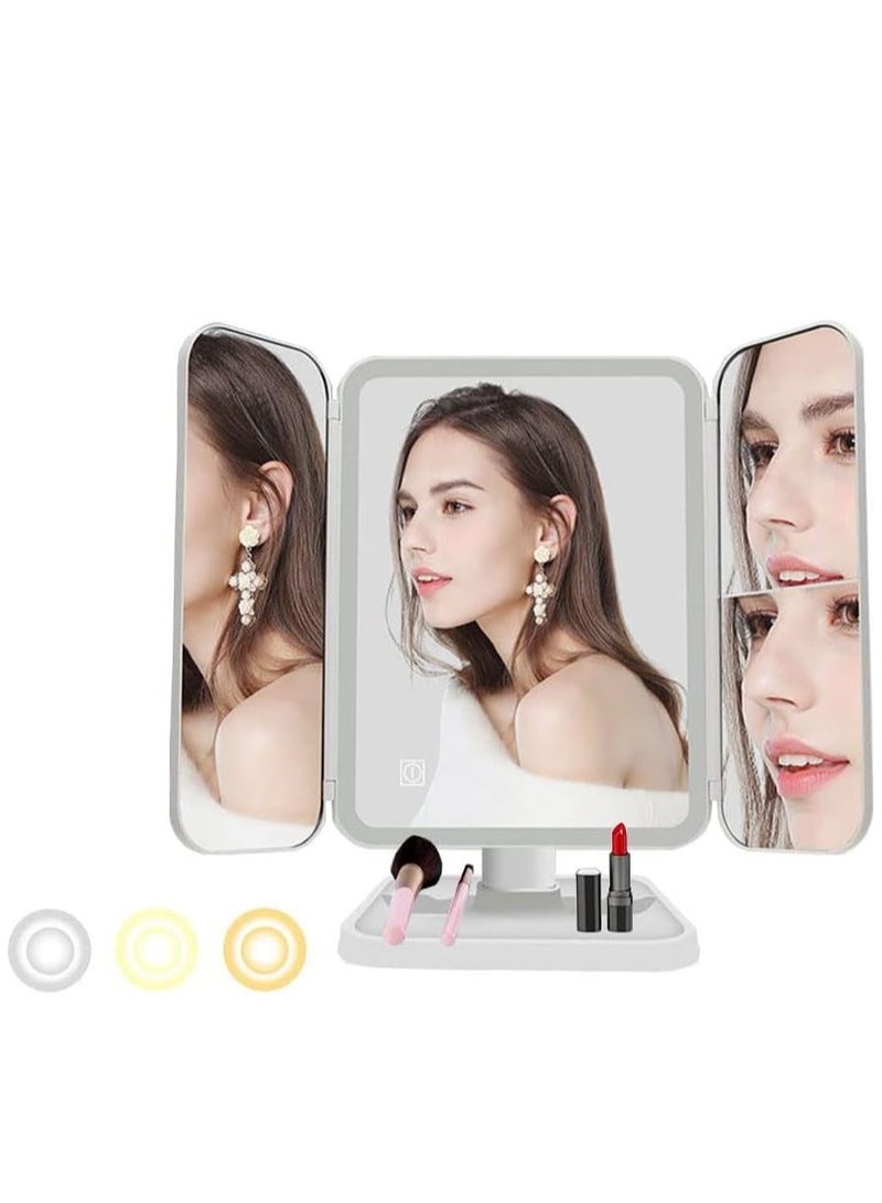 JAJEEK LED Makeup Mirror with 3 Color Lighting Modes, Tri-Fold Mirror, 52 LED Lights, 1x/2x/3x Magnification, Touch Control Design, Portable High Definition Lighted Cosmetic Mirror for Flawless Makeup Application in UAE - Image 1