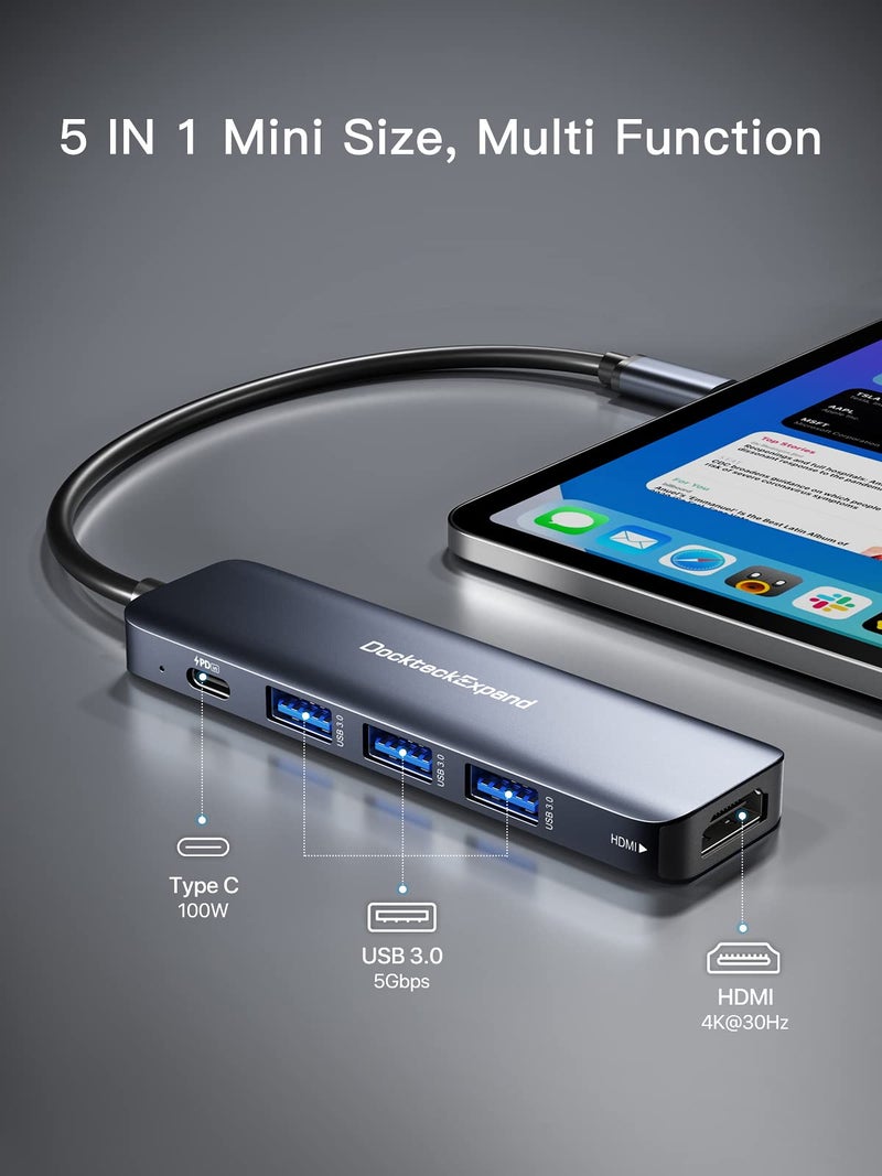 DockteckExpand USB C HUB, DockteckExpand USB-C Multiport Adapter 5 in 1 with 4K HDMI, 100W Power Delivery, 3 USB 3.0 Data Ports for MacBook Pro/Air, iPad Pro/Air/Mini 6 and More - Image 2
