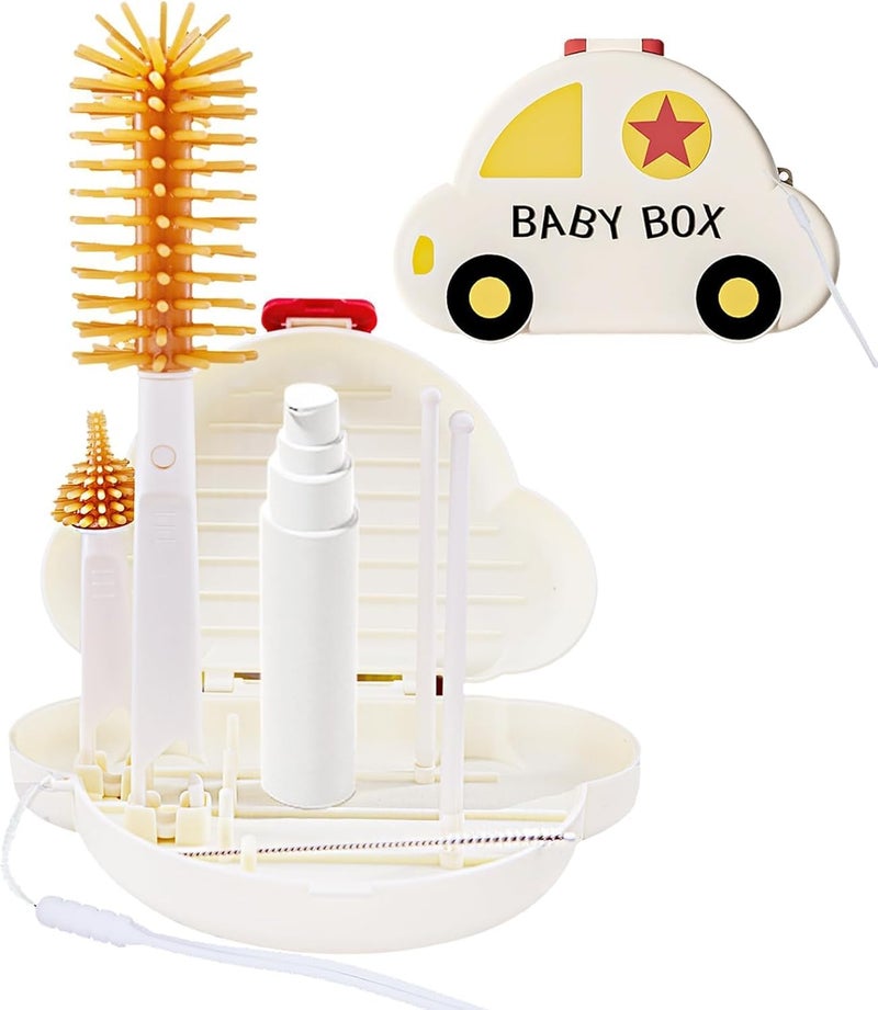 FASHION MANIA 7 in 1 Travel Bottle Cleaner Kit-Travel Baby Bottle Cleaning Set with Silicone Brush,Nipple Brush,Straw Brush,Soap Dispenser,Drying Rack & Storage Box - Image 1