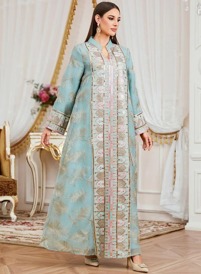 Take Two Teal Women Textured Sequin Patch Collared Jalabiya for Women | Best Price UAE