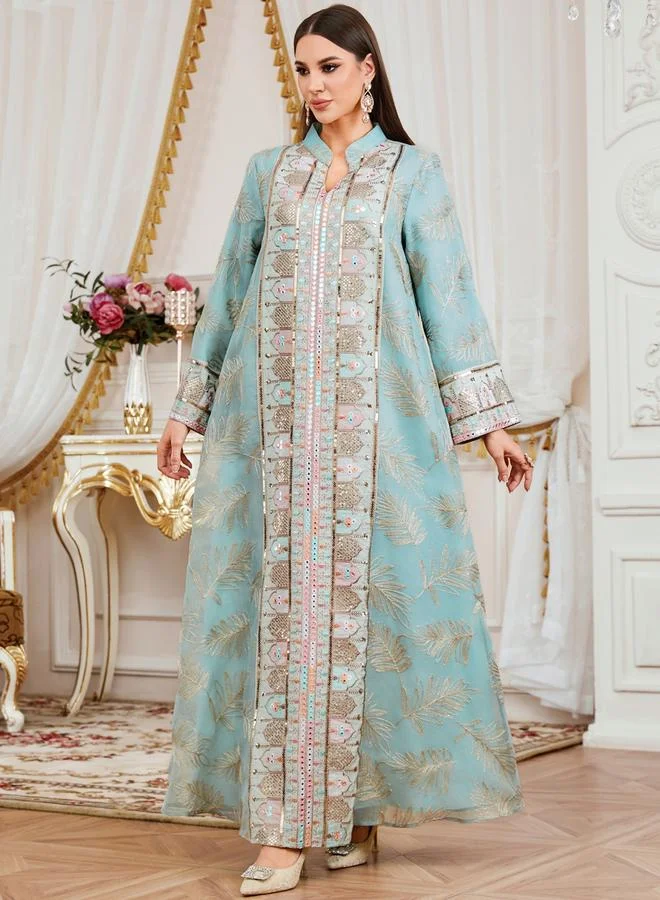 Take Two Teal Women Textured Sequin Patch Collared Jalabiya for Women | Best Price UAE