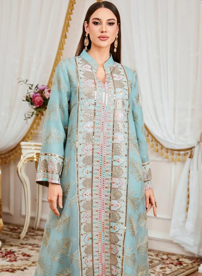 Take Two Teal Women Textured Sequin Patch Collared Jalabiya for Women | Best Price UAE