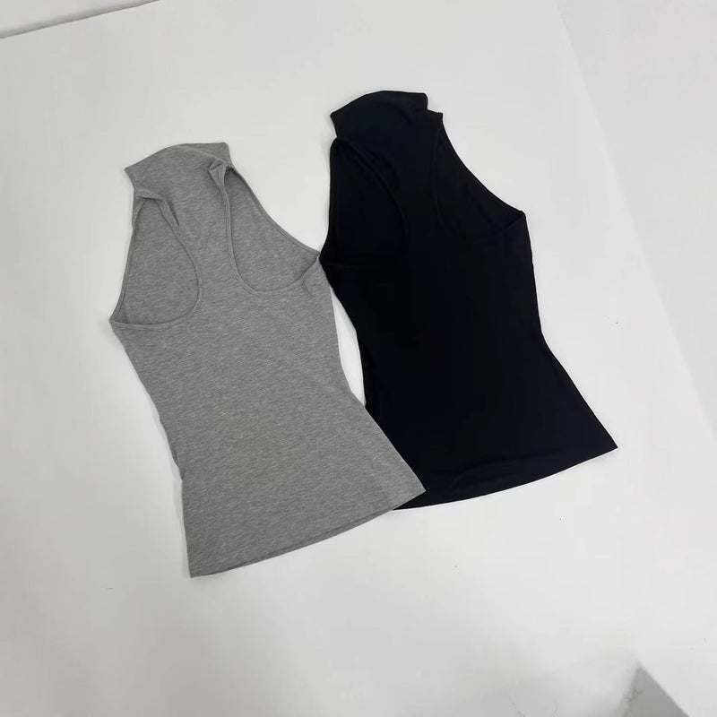 Women's High Neck Cutout Sleeveless Tank Top Black/Light Grey - Image 2