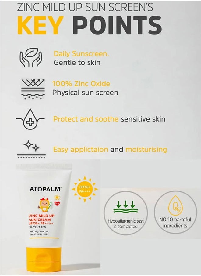 Atopalm - Zinc Mild Up Sun Cream SPF50+ PA++++ 65g, Dry Skin Moisturizing MLE Sun Protection, Korean Mineral Sunscreen - Image 1