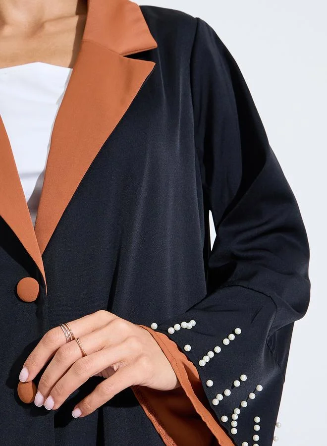 Amirah  Black Contrast Collar Embellished Sleeves Abaya for Women | Best Price UAE