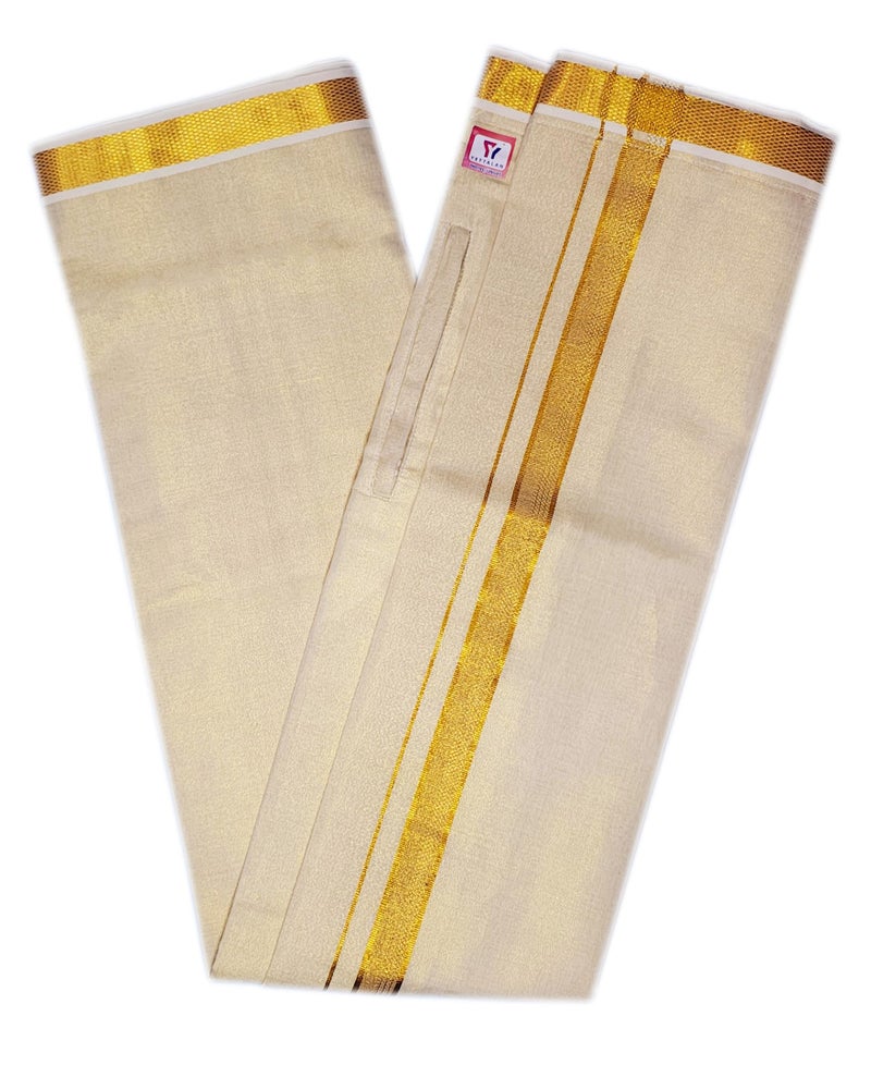 YETTALAN® Mens Adjustable Welcro and Zip Pocket Tissue Dhoti Single Mundu/Vesti (DHOTI, GOLD) - Image 2
