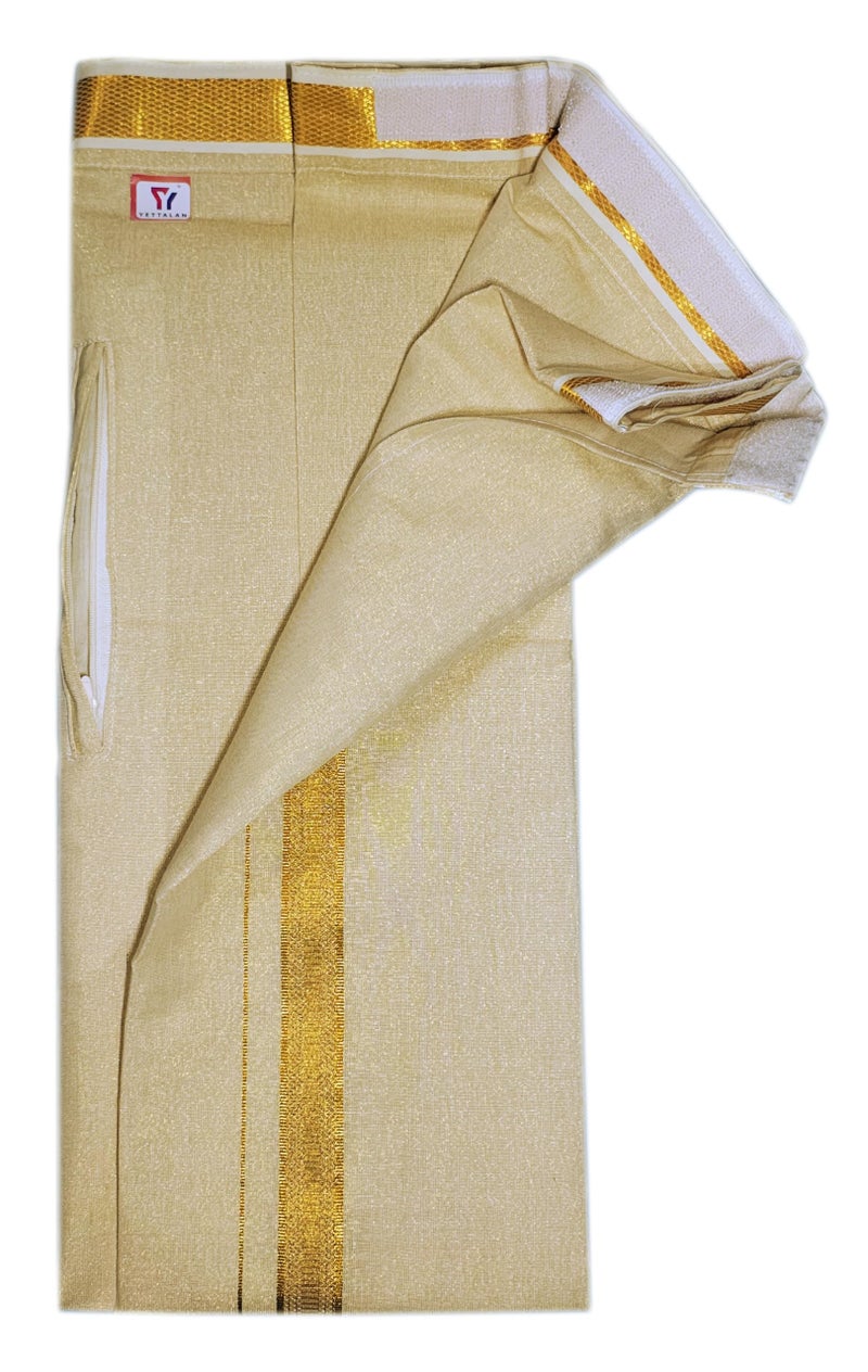 YETTALAN® Mens Adjustable Welcro and Zip Pocket Tissue Dhoti Single Mundu/Vesti (DHOTI, GOLD) - Image 1