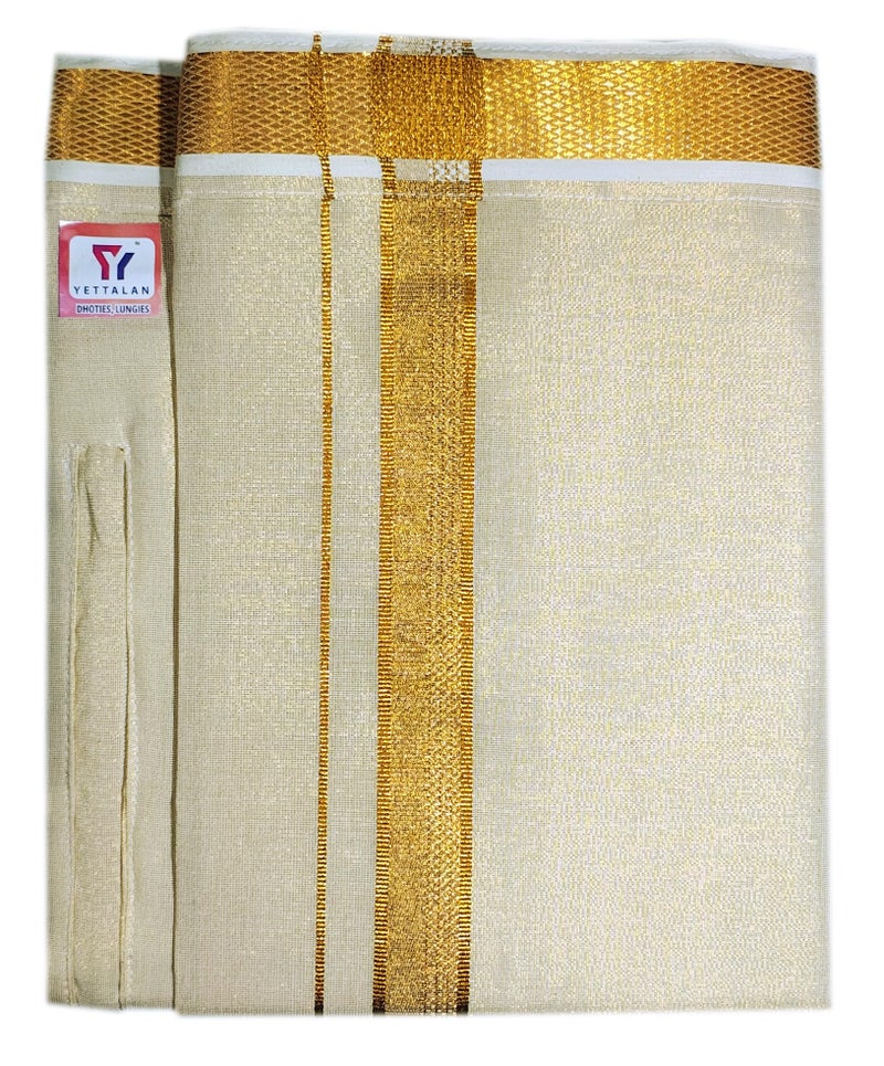 YETTALAN® Mens Adjustable Welcro and Zip Pocket Tissue Dhoti Single Mundu/Vesti (DHOTI, GOLD) - Image 3