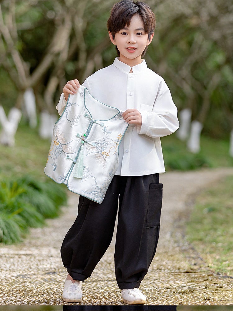 Autumn Clothing Chinese Style Ancient Costume For Boys And Girls Tang Suit New Chinese Style Vest Shirt Trousers Three-Piece Set - Image 5