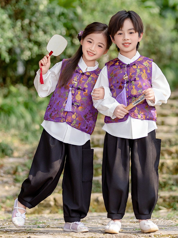 Autumn Clothing Chinese Style Ancient Costume For Boys And Girls Tang Suit New Chinese Style Vest Shirt Trousers Three-Piece Set - Image 2