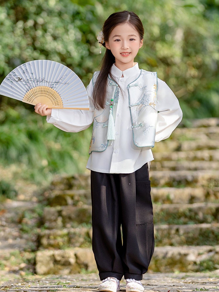 Autumn Clothing Chinese Style Ancient Costume For Boys And Girls Tang Suit New Chinese Style Vest Shirt Trousers Three-Piece Set - Image 3