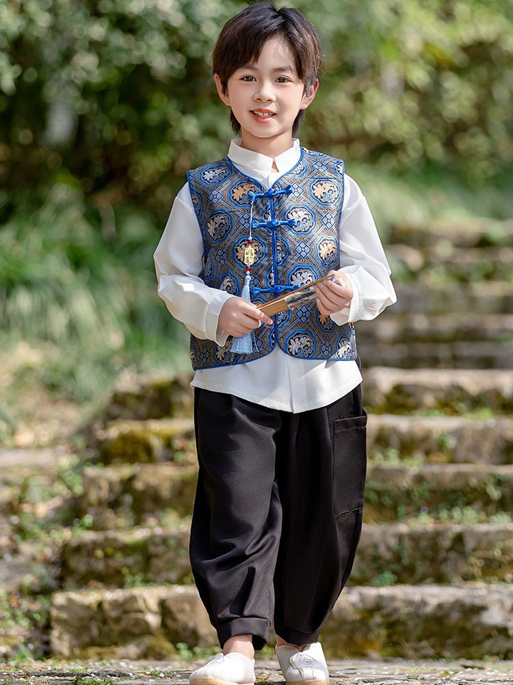 Autumn Clothing Chinese Style Ancient Costume For Boys And Girls Tang Suit New Chinese Style Vest Shirt Trousers Three-Piece Set - Image 4