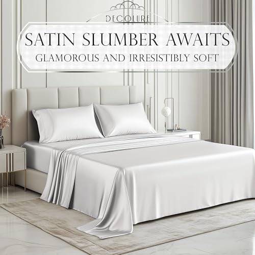 DECOLURE Satin Bed Sheets - 4 Piece Luxury Silky Full Size Bedding Set - Softer Than Silk, Wrinkle-Free with 15” Deep Pocket Fitted Sheet, Perfect for Hair & Skin, Gifts for Women (White) - Image 2