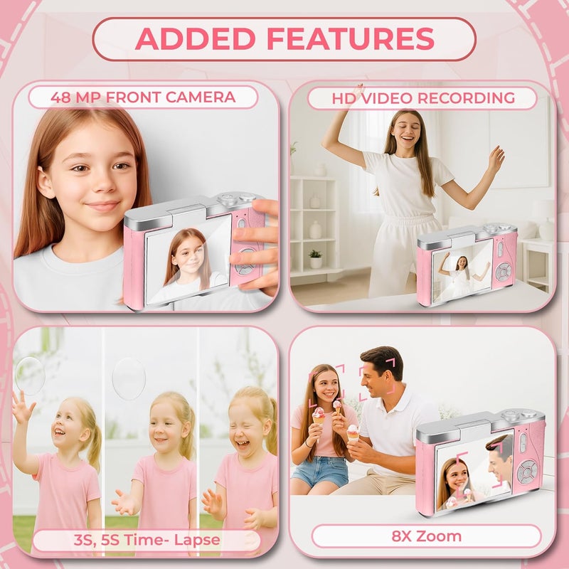 CASON 48MP Digital Camera for Kids-Real Photo & Video Mini Camera for Photography 2.4” Rotating Screen, Built in Games Kids Cameras for 5-15 Years Girls & Boys(Upto 64GB Memory) - Image 2