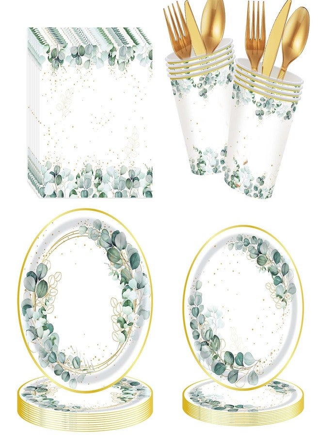 WEIKA Eucalyptus Party Decorations, Baby Shower Bridal Shower Paper Plates and Napkins, Eucalyptus Tableware Set, for Boho Gender Neutral Wedding Birthday Party, Serves 24 (Green) - Image 1
