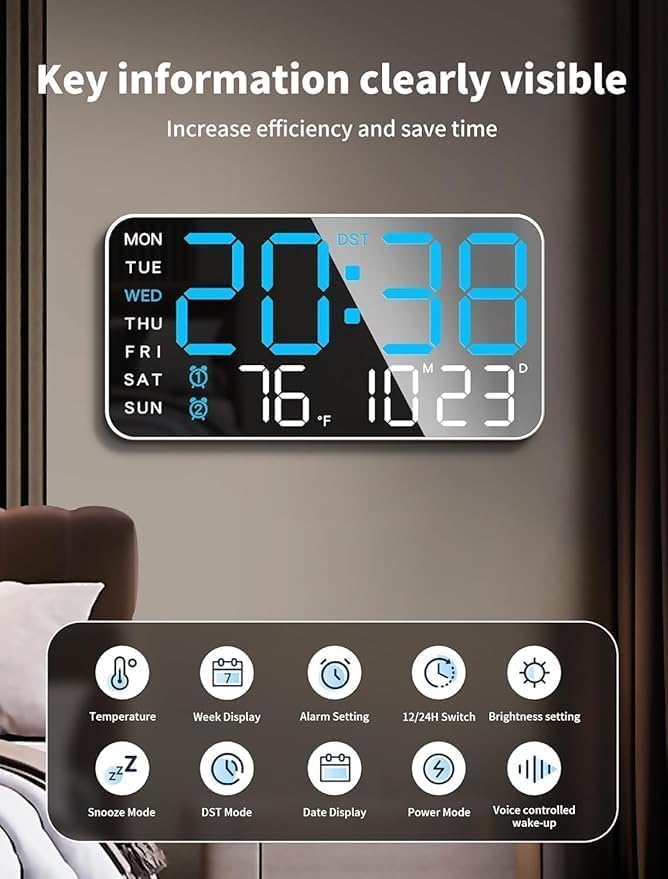 Xpandio 9" LED Digital Wall Clock with Date, Day, Temperature, Dual Alarms, Voice Control, Adjustable Brightness, USB Powered – Ideal for Bedroom, Office, Seniors, and Home Decor - Image 2