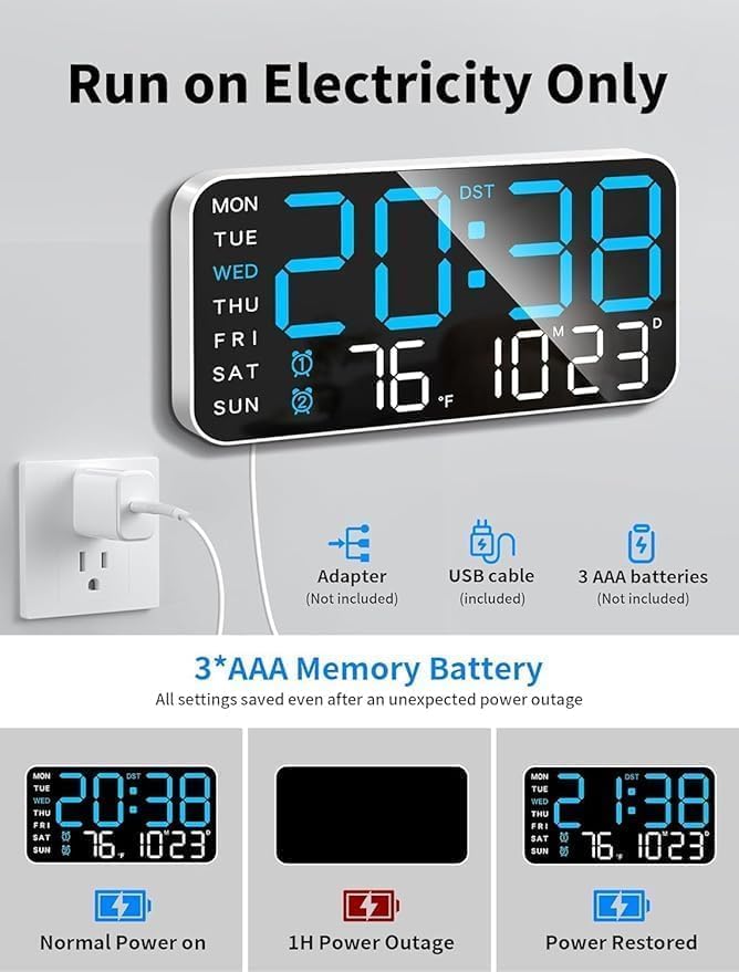 Xpandio 9" LED Digital Wall Clock with Date, Day, Temperature, Dual Alarms, Voice Control, Adjustable Brightness, USB Powered – Ideal for Bedroom, Office, Seniors, and Home Decor - Image 5