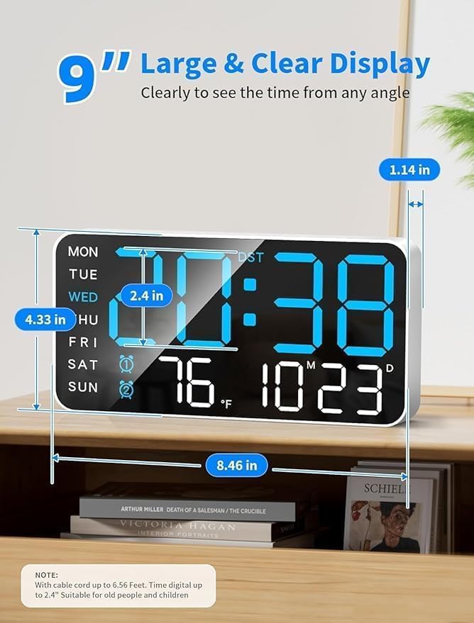 Xpandio 9" LED Digital Wall Clock with Date, Day, Temperature, Dual Alarms, Voice Control, Adjustable Brightness, USB Powered – Ideal for Bedroom, Office, Seniors, and Home Decor - Image 4