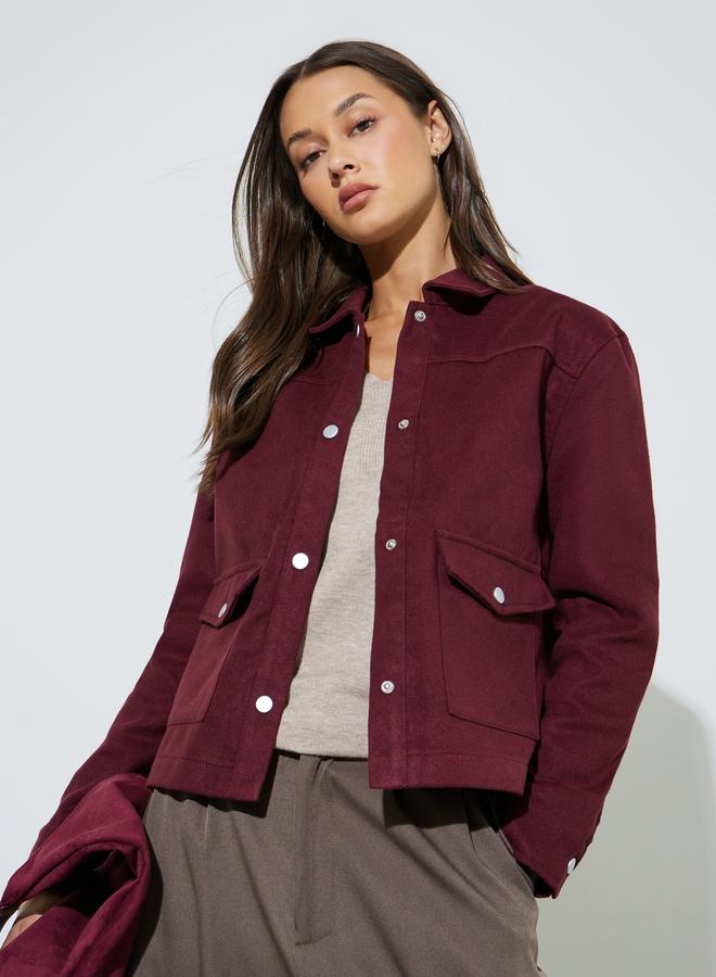 ستايلي جاكيت تراكر بياقة وأزرار بقصة عادية - عنابي - Image 1