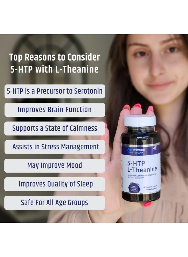 AgeImmune AgeImmune Serenity Formula for Stress Relief for Teens and Adults with 5-HTP, L-Theanine, Vitamin B6, Vitamin B12, Magnesium. 60 Veggie Capsules. Doctor Formulated, Magnesium Stearate Free. - Image 4