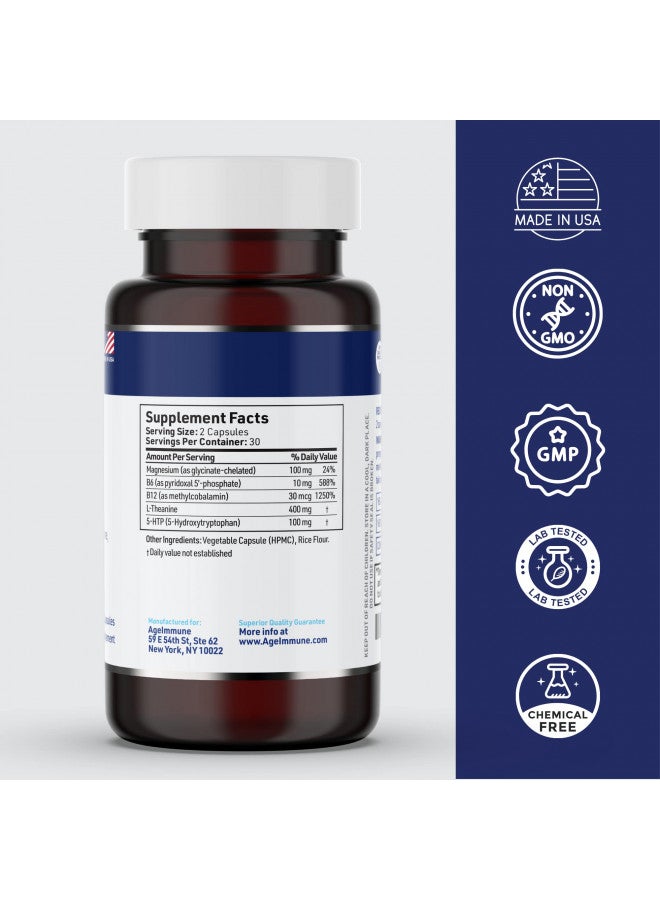 AgeImmune AgeImmune Serenity Formula for Stress Relief for Teens and Adults with 5-HTP, L-Theanine, Vitamin B6, Vitamin B12, Magnesium. 60 Veggie Capsules. Doctor Formulated, Magnesium Stearate Free. - Image 2