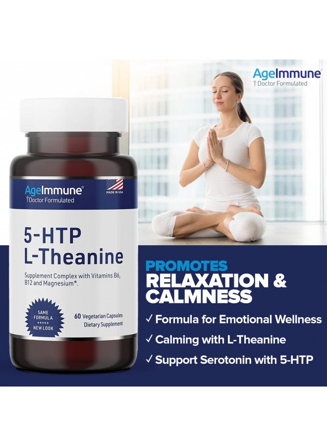 AgeImmune AgeImmune Serenity Formula for Stress Relief for Teens and Adults with 5-HTP, L-Theanine, Vitamin B6, Vitamin B12, Magnesium. 60 Veggie Capsules. Doctor Formulated, Magnesium Stearate Free. - Image 5