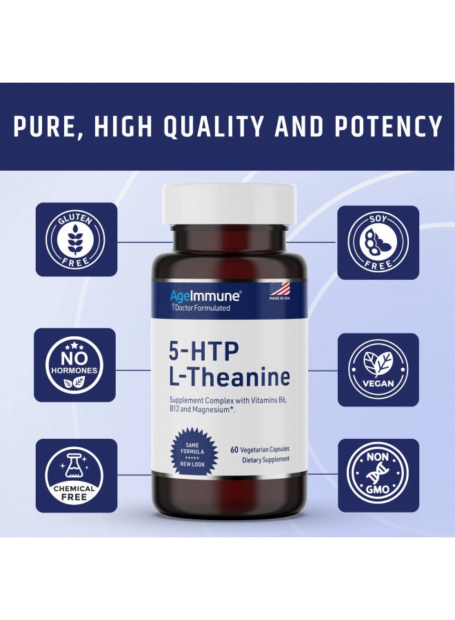 AgeImmune AgeImmune Serenity Formula for Stress Relief for Teens and Adults with 5-HTP, L-Theanine, Vitamin B6, Vitamin B12, Magnesium. 60 Veggie Capsules. Doctor Formulated, Magnesium Stearate Free. - Image 3