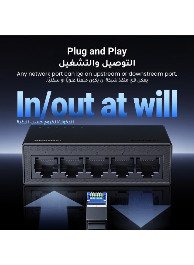 يو جرين محول إيثرنت 1000Mbps، موزع إيثرنت بخمسة منافذ، نقل بيانات عالي السرعة، مشاركة أجهزة متعددة، متوافق مع أجهزة التوجيه والتلفزيون والكمبيوتر المنزلية/المكتبية، خاصية التوصيل والتشغيل، سطح الحائط - Image 4