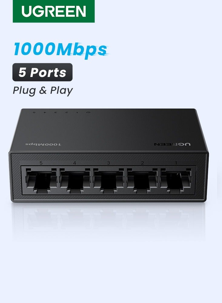 1000Mbps Ethernet Switch 5 Ports Ethernet Splitter High Speed Data Transfer Multi-Devices Sharing Same Time Plug and Play Compatible with Router, TV, Game Console, Computer For Family, Store, Office Black