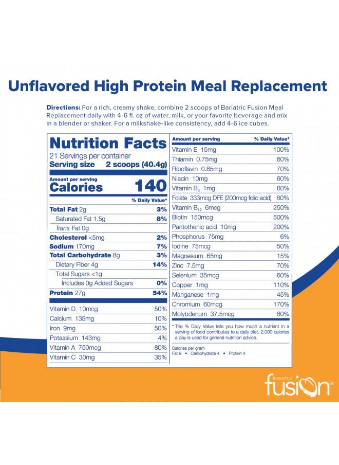 Bariatric Fusion - Bariatric Fusion Unflavored Meal Replacement 27g Protein Powder, 21 Serving Tub for Bariatric Surgery Patients Including Gastric Bypass & Sleeve Gastrectomy - No Gluten, Aspartame or Sugar - Image 1