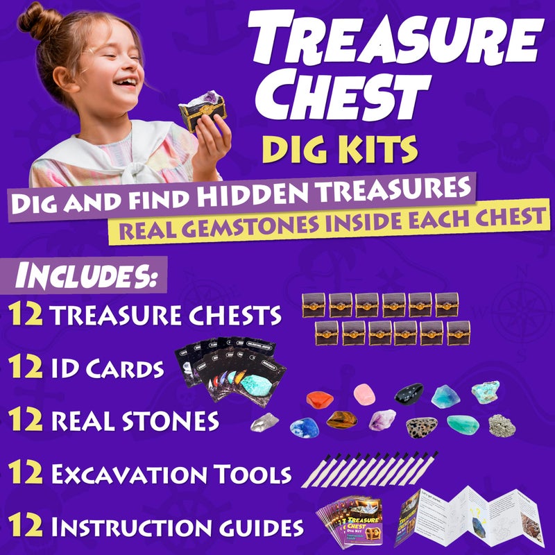 DANCING BEAR Treasure Chest Dig Kit Party Pack for 12 Kids, Excavate 12 Surprise Real Gems & Crystals, STEM Education, Fun Pirate Booty Hunt, Science Activity Gift Sets for Girls and Boys - Image 2