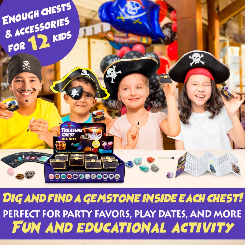 DANCING BEAR Treasure Chest Dig Kit Party Pack for 12 Kids, Excavate 12 Surprise Real Gems & Crystals, STEM Education, Fun Pirate Booty Hunt, Science Activity Gift Sets for Girls and Boys - Image 3