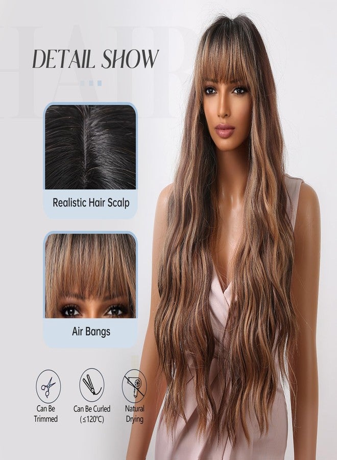 Allbell Long Wave Brown Highlight Wigs with Bangs for Women Synthetic Hair Dark Roots - Image 3