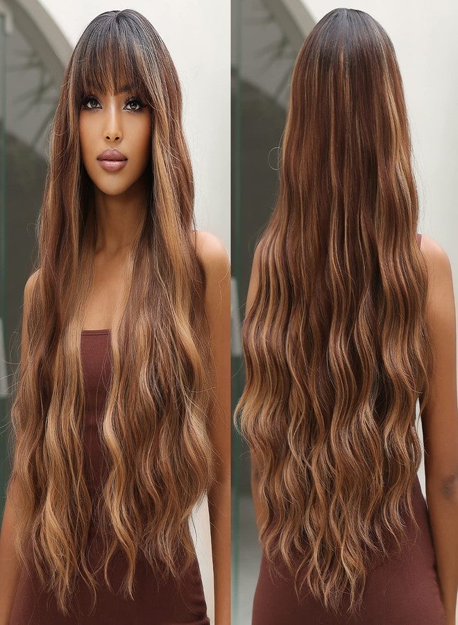 Allbell Long Wave Brown Highlight Wigs with Bangs for Women Synthetic Hair Dark Roots - Image 1
