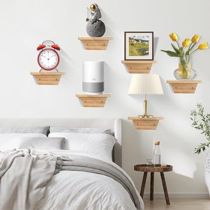 PHOENANCEE Small Floating Shelves,Trapezoid Wall Shelf for Speaker Table Lamp Plants Display,Decorative Wood Ledges Chic for Living Room,Bedroom,Kitchen,Office,Pine,8x6 Inch,2 PackNatural Wood - Image 3