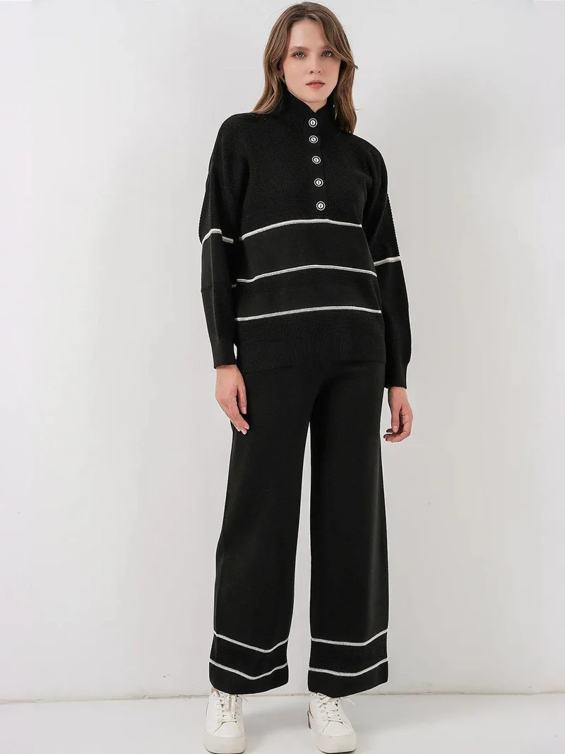 BIG DART BDART Button Detailed Striped Sweater & Pants Knit Co-Ord Set