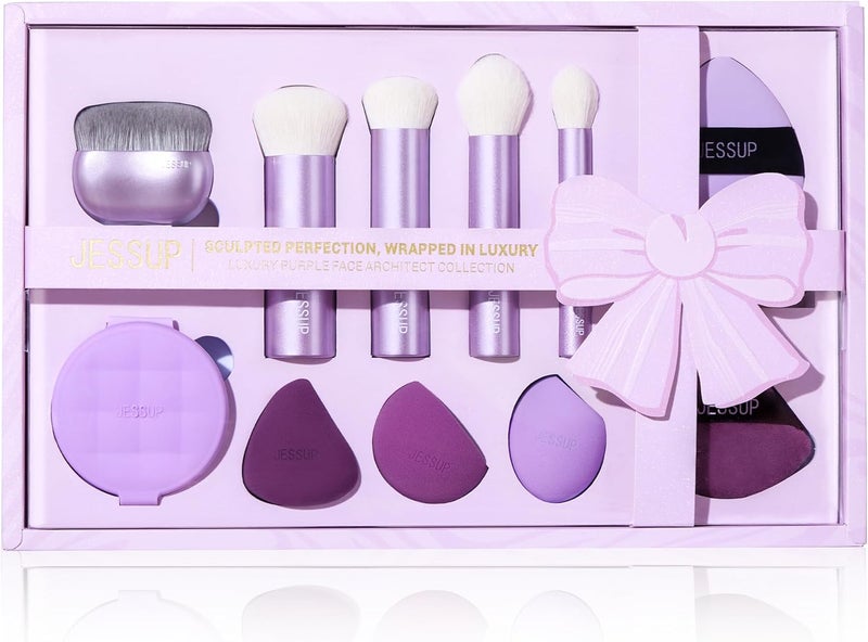 Jessup Premium Makeup Gift Set for Women Teen Girl 11Pcs Gift Box Kabuki Brush Makeup Sponge Powder Puff Brush Cleaner Mat with Soap Perfect Present for Birthday Graduation Luxury Purple T885