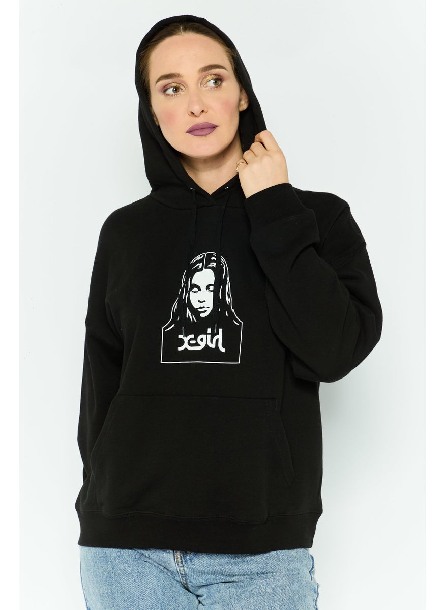 X-Girl Women Hood With Drawstring Long Sleeve Brand Logo Sweatshirts, Black  - Image 1