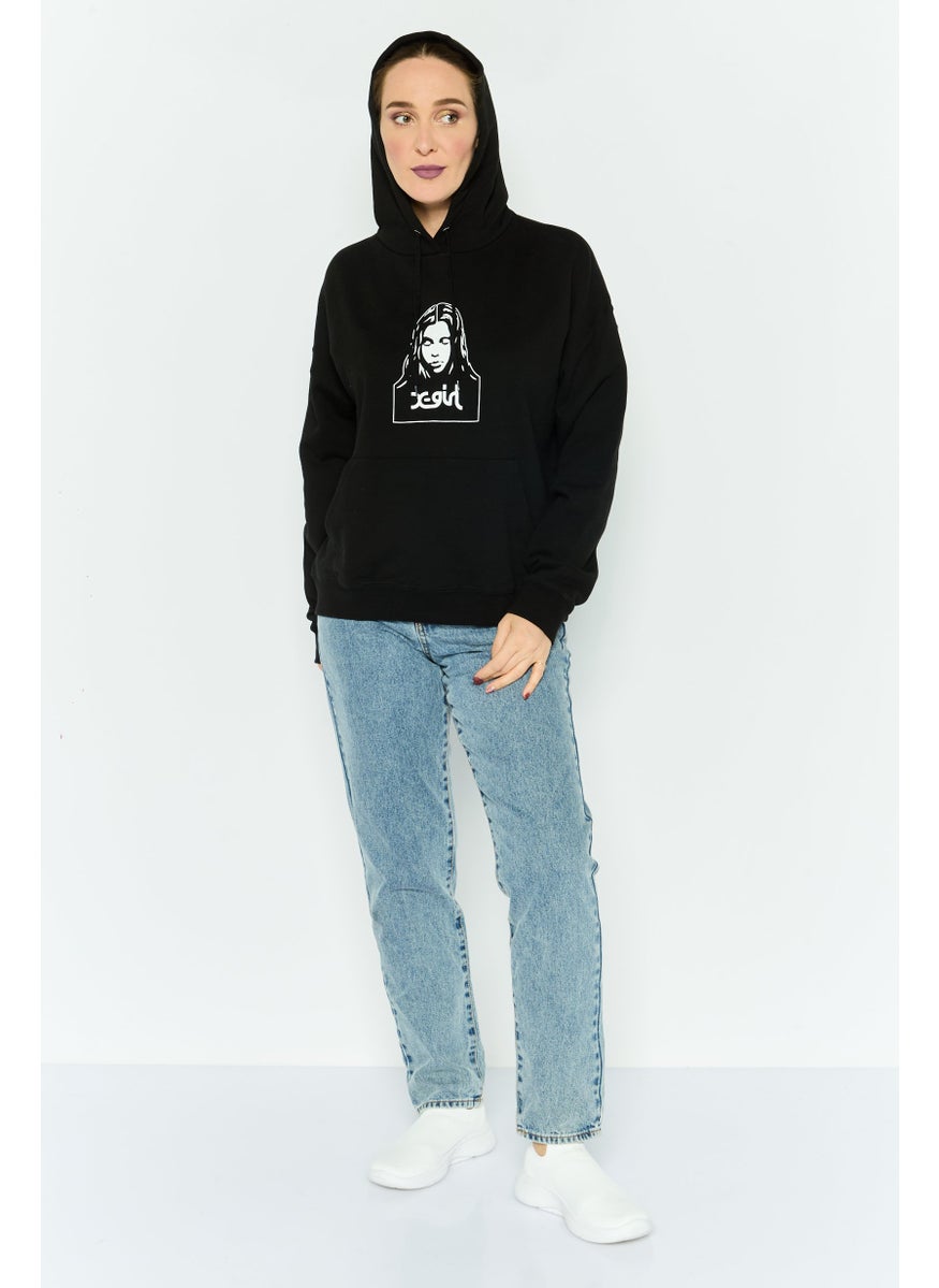 X-Girl Women Hood With Drawstring Long Sleeve Brand Logo Sweatshirts, Black  - Image 2