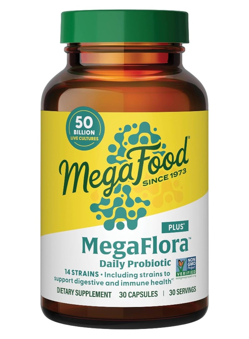 MegaFood ميغا فلورا بروبيوتيك يومي، 14 سلالة - بما في ذلك السلالات لدعم الصحة الهضمية والمناعية، 30 كبسولة / 30 حصة - Image 1