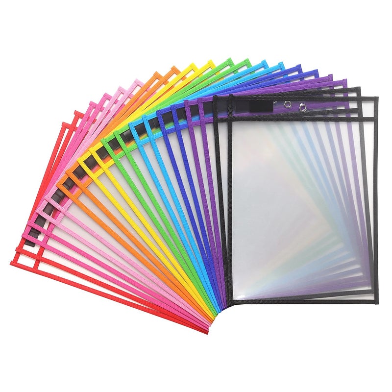 LONGKEY 20 Pack Dry Erase Pockets Sleeves with Rings, 10 x 14 Inch Ticket Holders Clear Plastic Sleeves Sheet Protectors for Teacher Classroom Sleeves, 10 Assorted Colors - Image 1