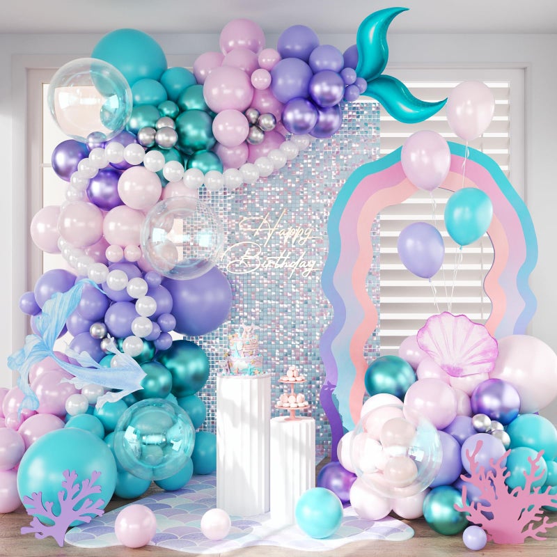 JOYFLOAT Mermaid Balloon Garland Arch Kit,145pcs Purple Pink Blue balloons with Little Mermaid Tails Birthday Party Decorations Balloons for Gender Reveal Under the Sea Ocean Baby Shower Themed Party Supplies - Image 1