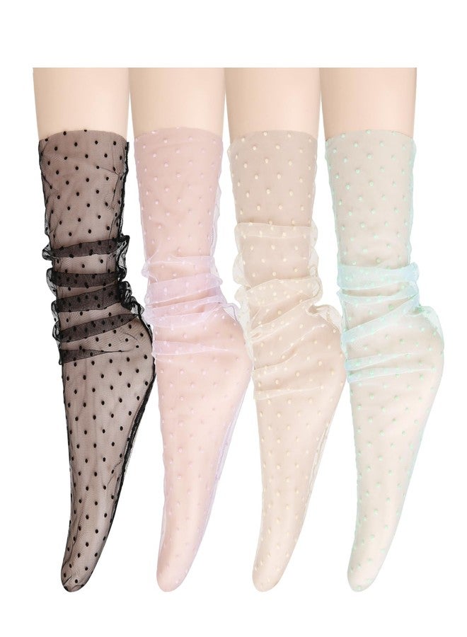 Violet Mist Women's Lace Socks Ankle High Sheer Mesh Slouch for Women Girls Cute Tulle Lace Loose Transparent Dress Socks Decorated, Polka Dot2-4pack - Image 1