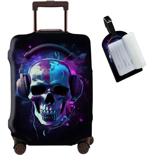 JANENFNA Luggage Cover Luggage Tag Skull in Headphones Washable Elastic Travel Suitcase Protector With Concealed Zipper for Men Women Teens Boys Girls L 2628 Inch Suitcase - Image 1