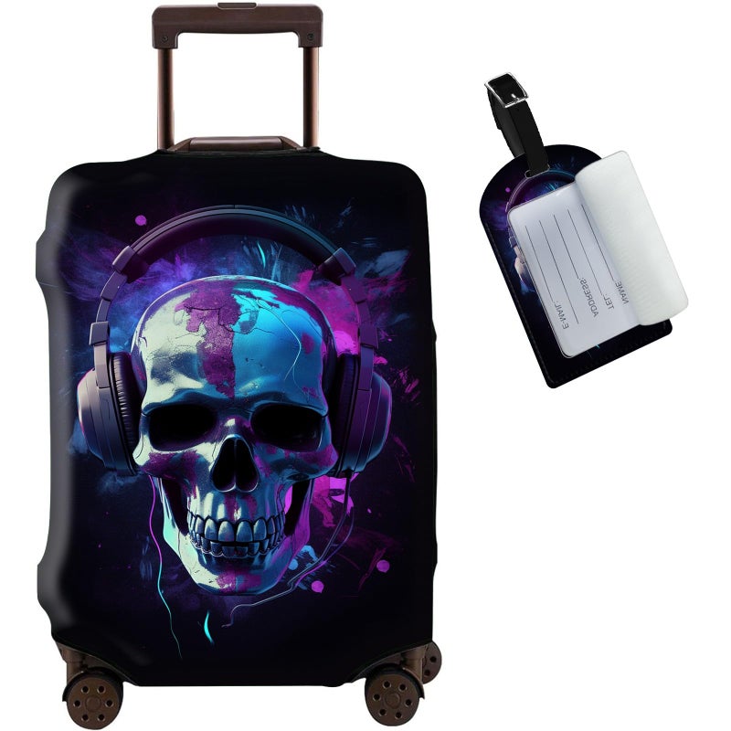 JANENFNA Luggage Cover Luggage Tag Skull in Headphones Washable Elastic Travel Suitcase Protector With Concealed Zipper for Men Women Teens Boys Girls L 2628 Inch Suitcase - Image 2